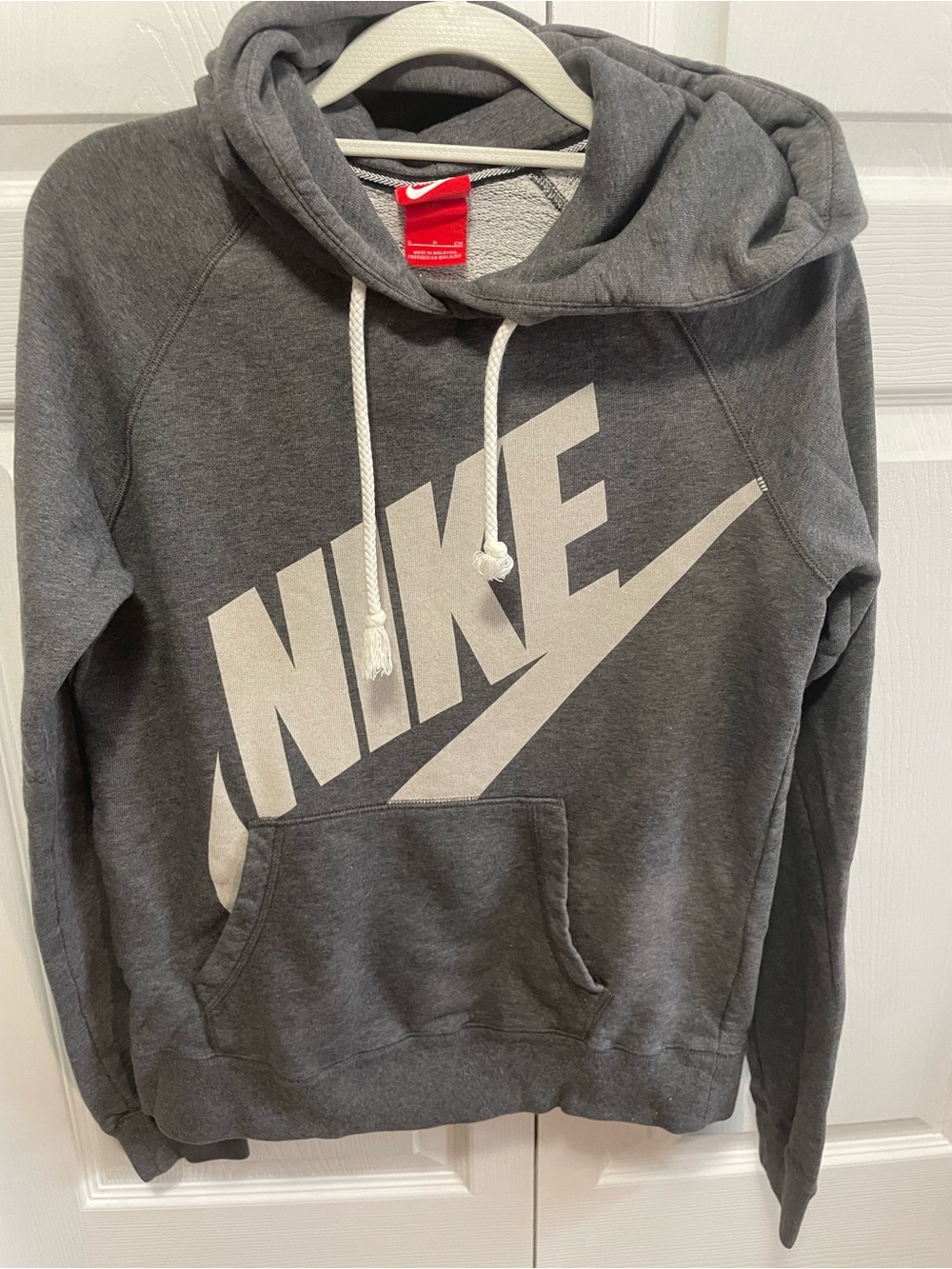 Nike womens Grey Pullover Hoodie with White Logo